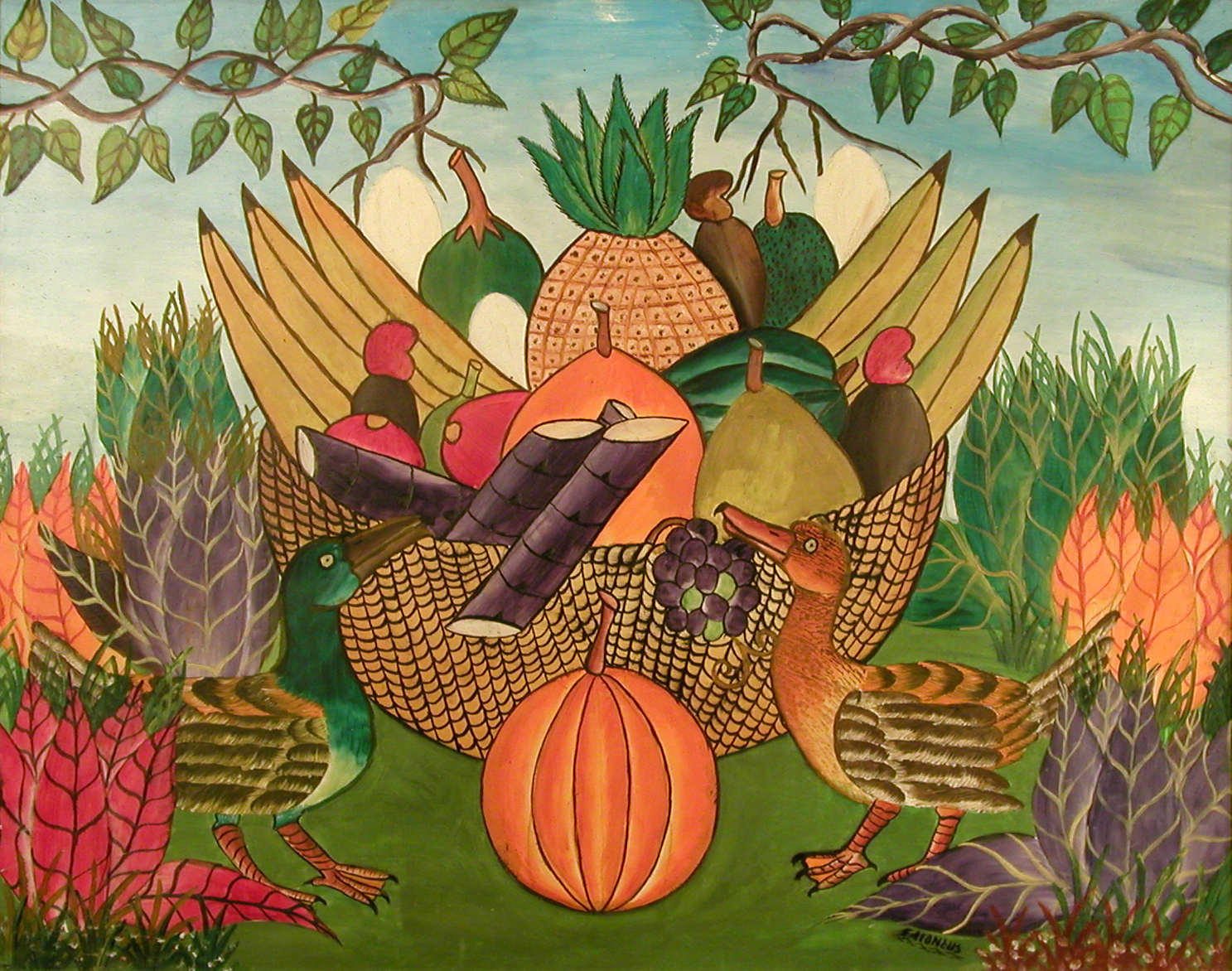 Basket of Fruit with Birds