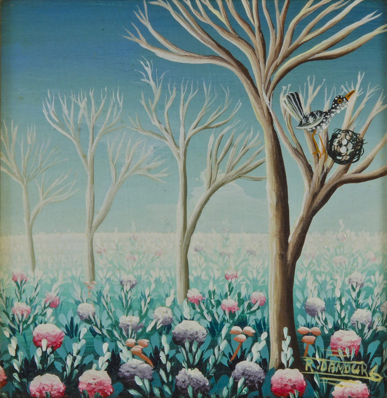 Untitled (Bird in nest, trees, flowers)